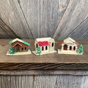3 Vintage Putz Houses Christmas Decorative Houses Holiday Cardboard Paper Miniature Christmas Village 2.5 inches tall Holiday Town Church