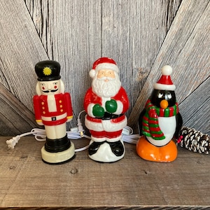 Vintage Christmas Blow Mold – 9&quot; Santa, Penguin, or Nutcracker – LED Lighted Plastic Holiday Decor – Retro Glowing Christmas Figurine