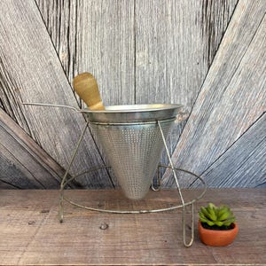 Vintage Strainer Sieve with Pestle Can Canning Applesauce 3 Piece Wood Pestle Cone Sieve Masher Colander Metal Strainer Tomato Prep