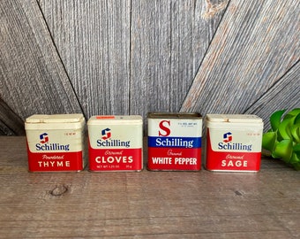 4 Vintage Spice Tins Spices Shakers Store display Craft Supply Succulent Planter DIY Schilling Metal Tin Grocery Store Kitchen Decor Farm