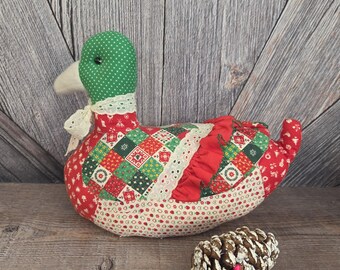 Vintage Plush 80s Style Hand-Made Duck Made with Christmas Fabric in Red, White, and Green