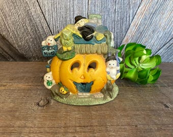 Vintage Halloween Pumpkin Votive Halloween Pumpkin House Spooky Hollow House Candle Lit Halloween Town House Light Ceramic Haunted House