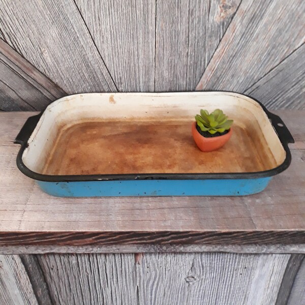 Vintage Enamel Pan Rectangular Indoor Garden Prepper Planter Vegetables Enamelware Pan Storage Container  Garden Sustainable Ecofriendly