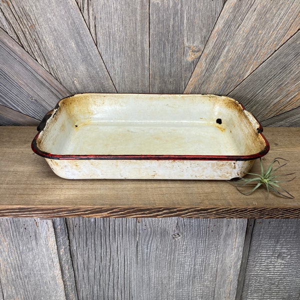 Vintage Enamel Pan Rectangular Indoor Garden Prepper Planter Vegetables Enamelware Pan Storage Container  Garden Sustainable Ecofriendly