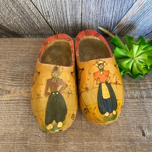 Vintage Wooden Shoes {Dutch Wooden Clogs Painted Wood} Tulip Time Holland Souvenir Kids size, Home Decor, Pair of Shoes, Dutch