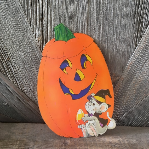 Vintage Halloween Pumpkin Decoration Mouse Jack O Lantern Pumpkin Die Cut Cardboard Paper Party Decoration Candy Corn Happy