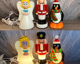 Vintage Christmas Blow Mold Pick One 9&quot; Christmas Light Plastic BlowMold Blow Mold Angel Penguin Nutcracker Decor Retro Glowing LED Light