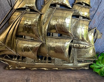 Gold Ship Plastic Clipper Ship Vintage Decor Nautical Wall Hanging