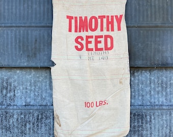 Vintage Timothy Seed Sack 100-pound sack.  Great project bag in good shape. Medium weight Cotton linen red, green pinstripes craft feed sack