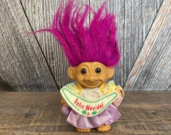 Vintage Christmas Troll {Feliz Navidad Mini Tree Hanging Ornament Christmas Troll} Russ Berrie Original Decorations Red Hair 3 inch Holiday