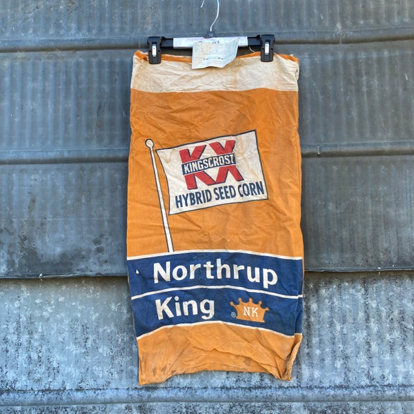 Vintage Northrup King Kingscrost Seed Corn Sack with original assay tag Cotton Bird Island MN NK advertising sack with planter plate info