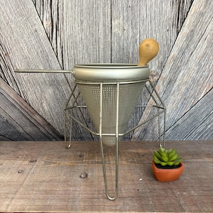 Vintage Strainer Sieve with Pestle Can Canning Applesauce 3 Piece Wood Pestle Cone Sieve Masher Colander Metal Strainer Tomato Prep