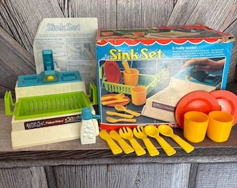 Vintage Fisher Price Sink Set Kitchen Set, 918, Kids Toy Dishes, Play Tea Set with Sink Plates Silverware, Box, Complete