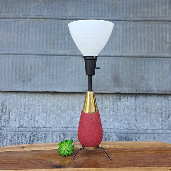 Vintage Mid-century Modern Table Lamp tall 24 Inch Brass, Black, Red  Crackle Glass Base With Gold Three Way Lamp Light NO SHADE Quality 