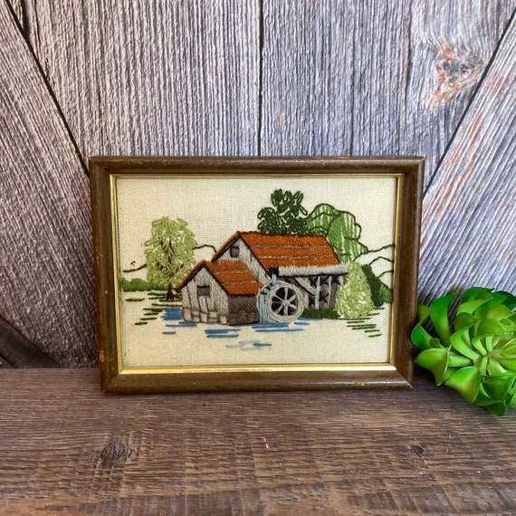 Vintage Water Wheel Crewel Cross Stitch Embroidery {Handmade Yarn Art Farm Barn Tapestry Picture} Embroidered Wall Hanging Hand Made Gift