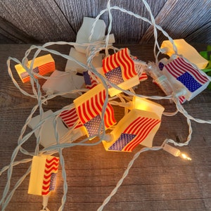 May include: String of white lights with American flag designs on each bulb. The lights are strung together and are lit up.