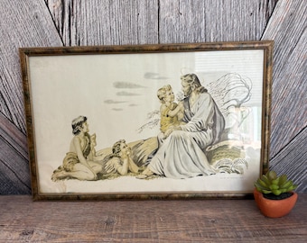 Vintage Jesus Print Jesus with Children Picture 1942 Jesus loves the children Christian Gift Baptism Gift, for Sunday School, Church