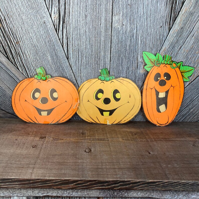 3 Vintage Halloween Die Cuts Pumpkin Paper Decorations PaperCardboard Die Cut Beistle Jack-O-Lantern JOL Party Decoration Wall Hanging
