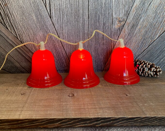 3 Vintage Blow Mold Christmas Lights Large Red Bell Ornaments christmas