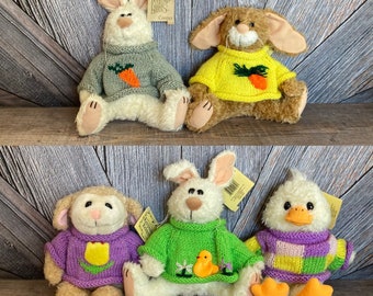 Vintage Keepsake Kritters Easter Plush Toys in Easter Sweaters Easter Bunny Stuffed Animal Easter Basket Filler Cooper Corey Dylan Baabra