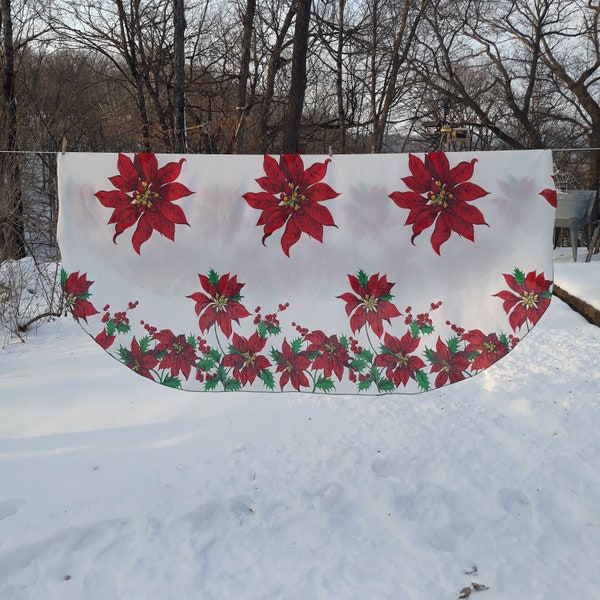 Vintage Christmas Tablecloth 82 x 64 Large Oblong Oval {White Background with Large Poinsettias} Red and White {Christmas Decor} Linen