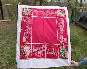 Vintage Red and White Floral Tablecloth 38x31" with Winter Scenes, Poinsettias, Table Cloth Card Wedding Table Christmas