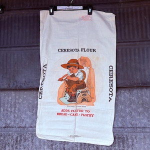 May include: A vintage white flour sack with the text "Ceresota Flour" printed in black. The sack features a colorful illustration of a young boy sitting on a stool, holding a book. The text "Adds Flavor to Bread-Cake-Pastry" is printed below the illustration.