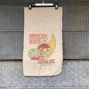 May include: Vintage white burlap sack with a red, yellow, and green printed design. The sack features a cornucopia filled with fruit and vegetables and the text "Andrews Burri Seed Co. 105 Market Syracuse, N.Y. 13210."