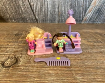 Vintage Polly Pocket {Comb 'n Curl Salon COMPLETE} Stylin' Hair Stylists Cosmetologists Hair Dryer Bluebird 1995 Real Hair Doll Ellathesella