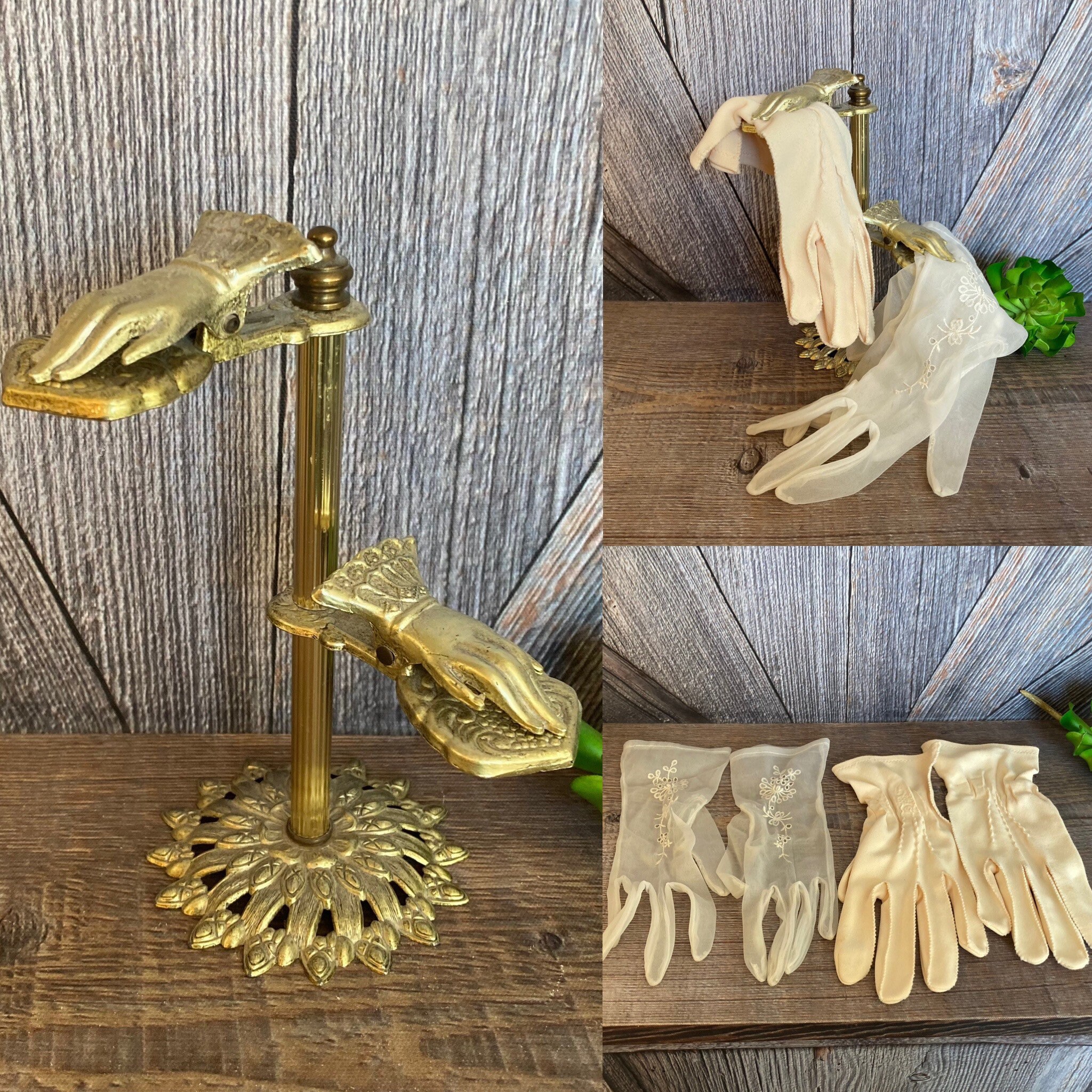 Vintage Glove Holder Metal Glove Clip Stand Brass Colored Helping 