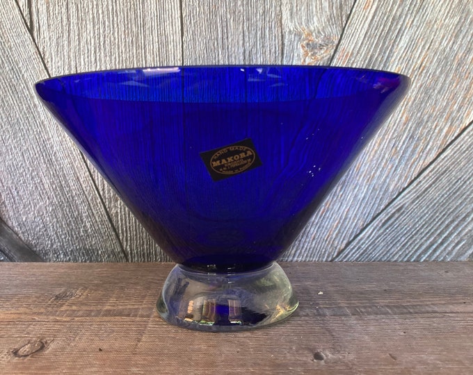Vintage Blue Makora Krosno Poland Handmade Blue Glass Vase Bowl Punch