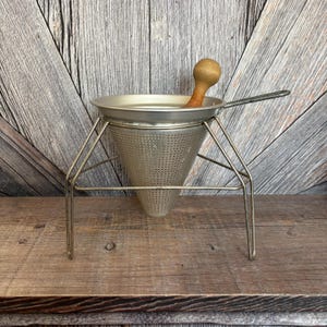 Vintage Strainer Sieve with Pestle Can Canning Applesauce 3 Piece Wood Pestle Cone Sieve Masher Colander Metal Strainer Tomato Prep