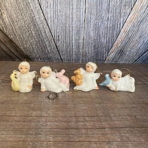 4 Vintage Christmas Angel Figurines Ceramic Christmas Figurine Ceramic Kitschy Holiday Decoration Ornament Bone China Angels with Animals