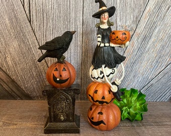 2  Halloween Figurines {Resin Witch Votive Candle Holder Crow Halloween Decoration} Halloween Decor Retro Trick or Treat Party Decoration
