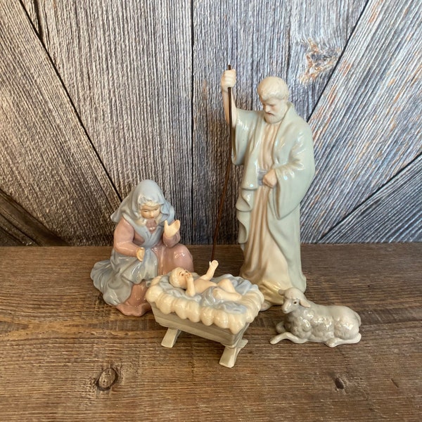 Vintage Christmas Nativity 4 Piece Porcelain Enesco 1988 Set Nativity Scene Vintage Christmas Shelf Decoration Holiday Jesus Mary Lamb