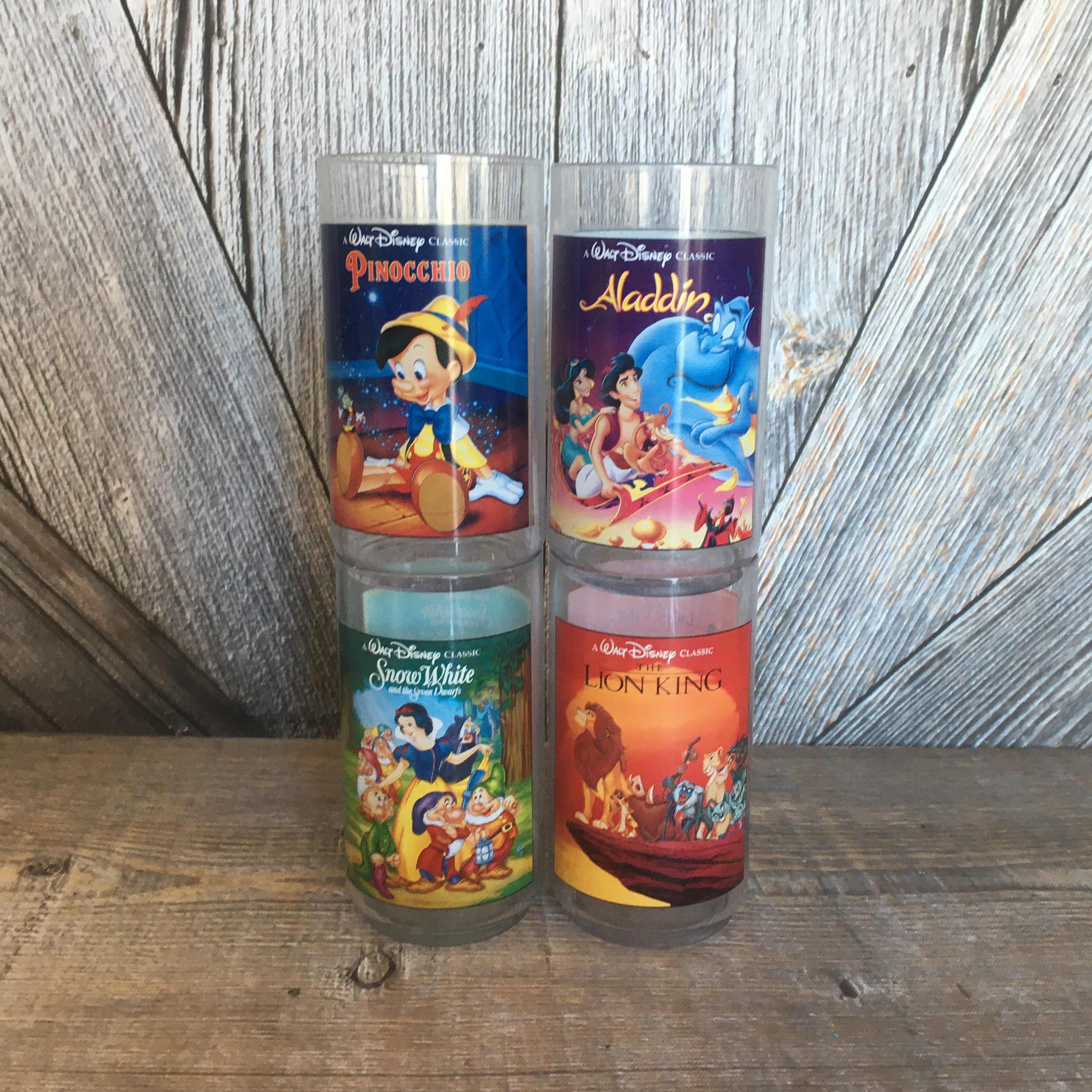 4 Vintage Disney Burger King Glasses disney Plastic Cups Classic Collector  Series Walt Disney Aladdin Snow White Pinocchio Lion King 5.5 In 