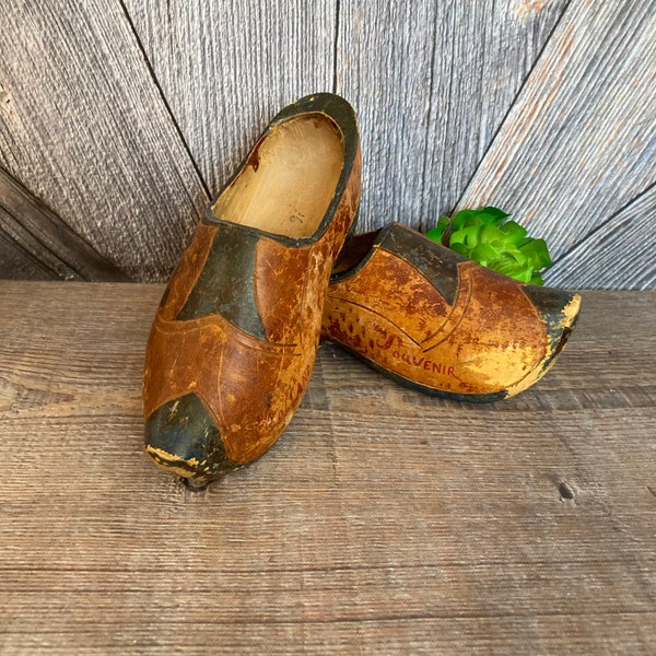 Vintage Wooden Shoes {Dutch Wooden Clogs 40's OLD} Tulip Time Holland Souvenir Childrens Decor Wall Hanging, Home Decor, Pair of Shoes