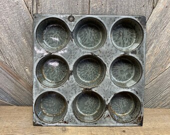 Vintage Muffin Tin Enamel Graniteware Extra Agate Antique Muffin Pan Cupcake tin Decorative Office Supply Storage Farmhouse Kitchen Decor