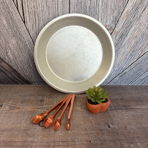 May include: A round, silver-colored pie pan with a slightly textured surface. Four copper-colored measuring spoons are arranged below the pan. A small terracotta pot with a green succulent plant sits to the right. The items are on a wooden surface.