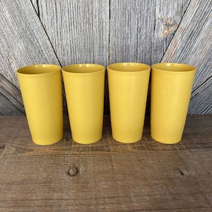 4 Vintage Tupperware Tumblers Cups Glasses Plastic Tupper Ware Storage Container 873 Large Stacking Yellow 70s Wedding Gift Kitchen