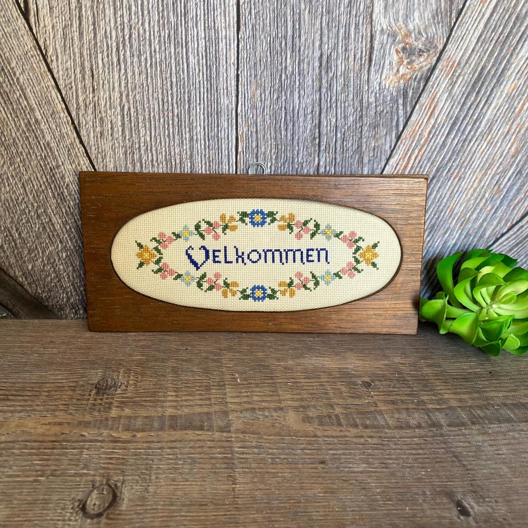 Vintage Velkommen Welcome Cross Stitch Embroidery {handmade Home Floral ...