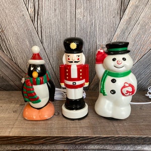 3 Vintage Christmas Blow Mold 9 INCH Christmas Light Plastic BlowMold 9&quot; Blow Mold Snowman Penguin Nutcracker Gift Party Decor Retro LED