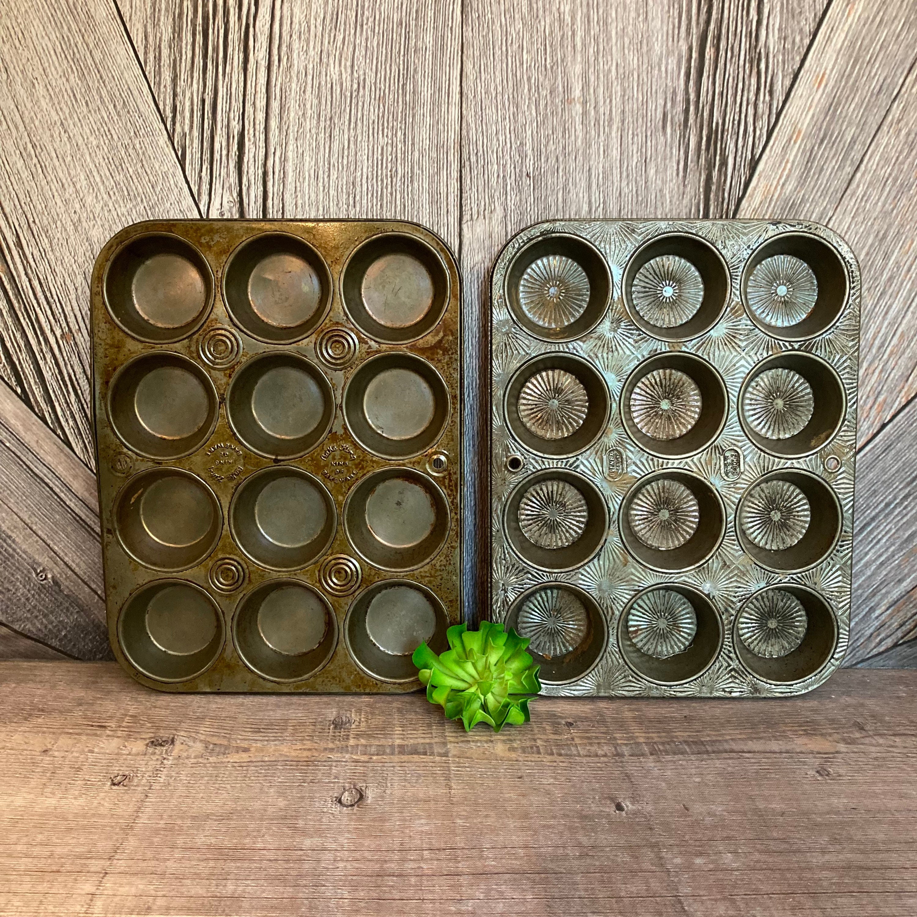 幸せなふたりに贈る結婚祝い Muffin Vintage Tin USA Ekco Tin Cupcake Pan Muffin Antique カトラリー(スプーン等)