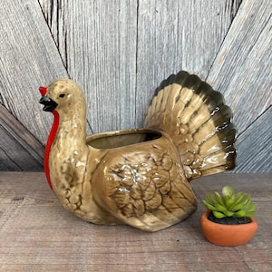 Vintage Ceramic Turkey Planter {Thanksgiving Centerpiece Fall Large Ceramic Turkey Plant Holder Repurposed Decor} Vintage Thanksgiving Vase