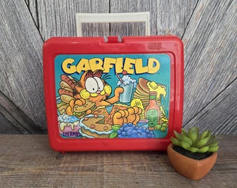 Garfield Lunch Box {Vintage 80's Red Thermos Brand Plastic Lunch Box} Kids Lunch Box Storage Box Birthday Gift Idea 1980's Toys