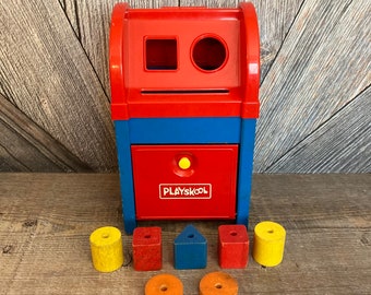 Vintage Playskool Postal Station Shape Toy Mail Box Teach Kids Shapes Blocks Toddler Toy Shape Sorter COMPLETE Shape Puzzle Ellathesella
