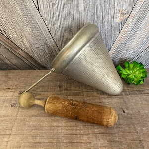 Vintage Strainer Sieve with Pestle Can Canning Applesauce Two Piece Wood Pestle Cone Sieve Masher Colander Metal Strainer Tomatos Prep
