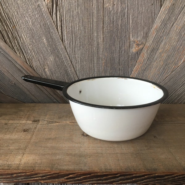 Vintage Enamel Pan Large 8.25 inch Pot Bowl Handle {Enamelware Basin White Navy Edge} Herbs, Succulent, Plants. Planter Garden Kitchen Art