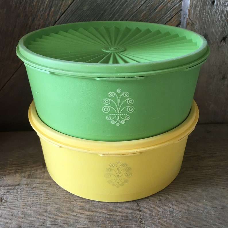 Vintage Tupperware Canister Set Plastic Round Orange Green ...
