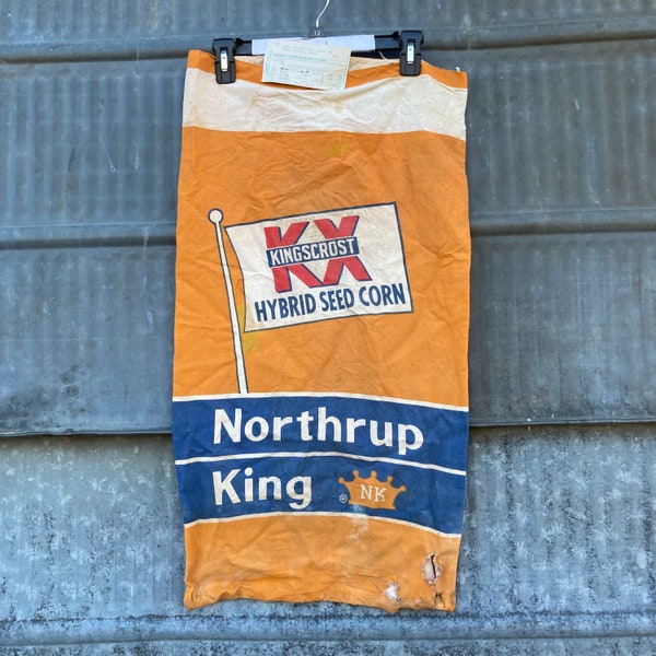 Vintage Northrup King Kingscrost Seed Corn Sack with original assay tag Cotton Bird Island MN NK advertising sack with planter plate info